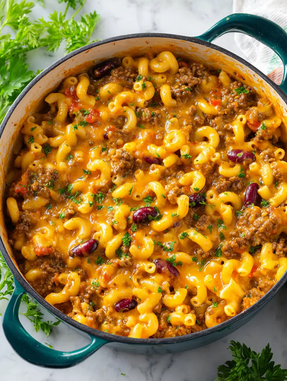 A bowl of macaroni and cheese with meat and vegetables.