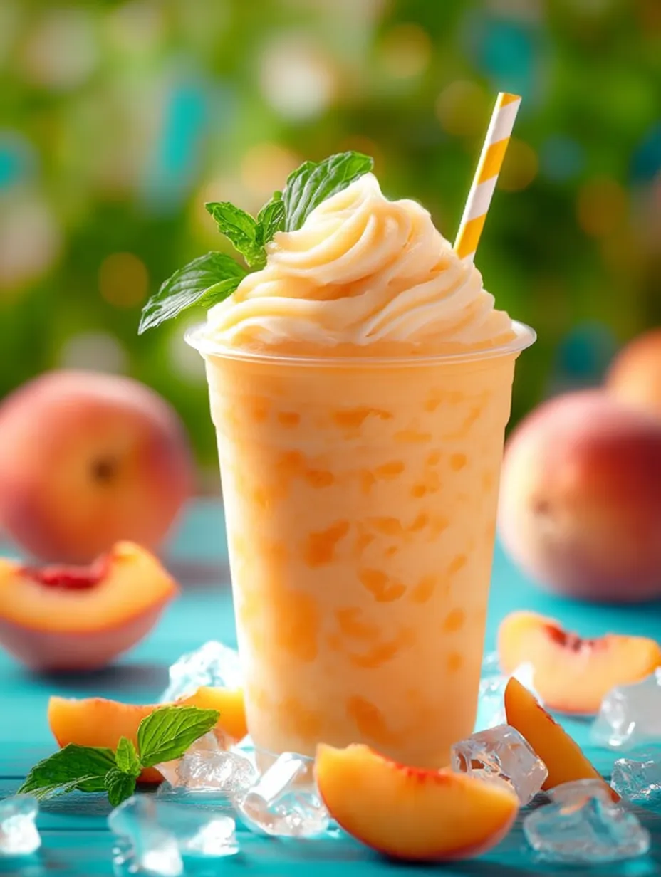 A glass of peach smoothie with a straw in it.
