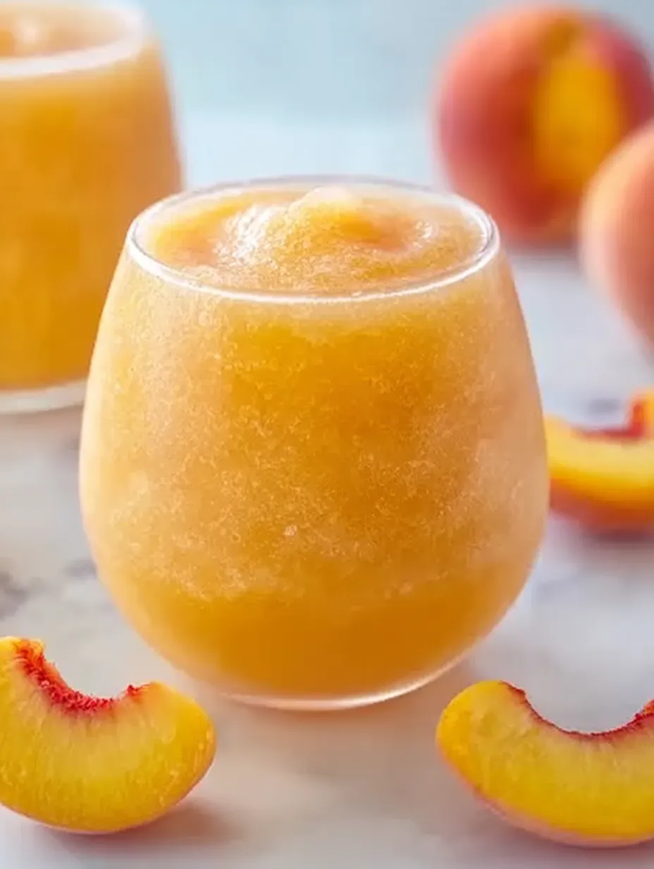 A glass of peach juice with peaches on the side.
