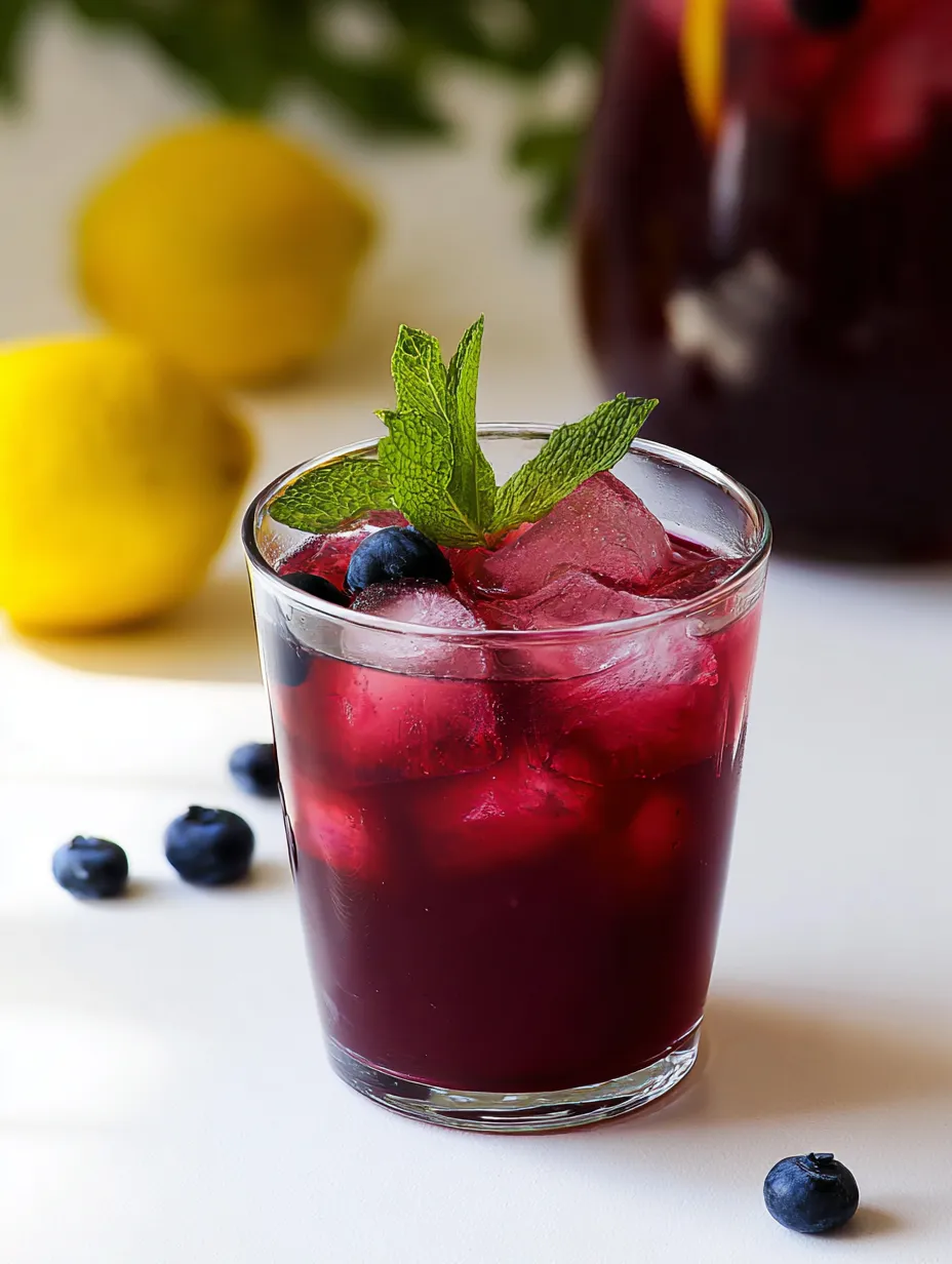 A glass of blueberry juice with a lemon wedge on the side.