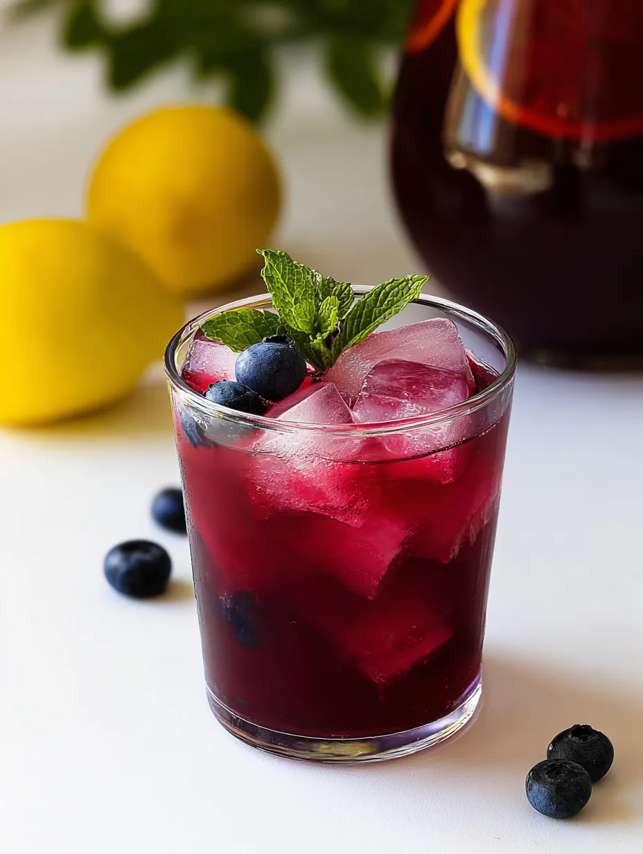 A glass of blueberry juice with a lemon wedge on top.