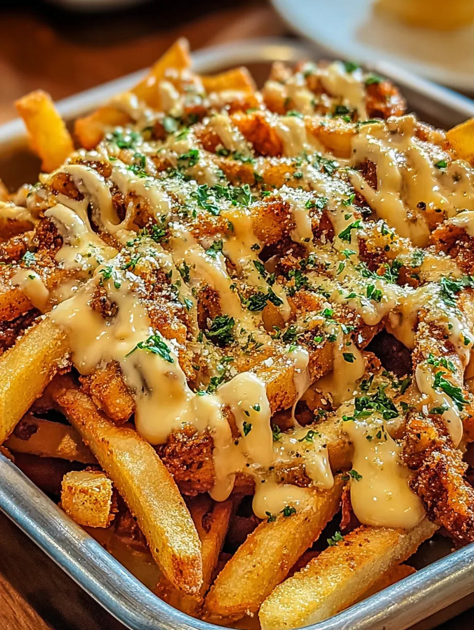 A plate of french fries with cheese and herbs.