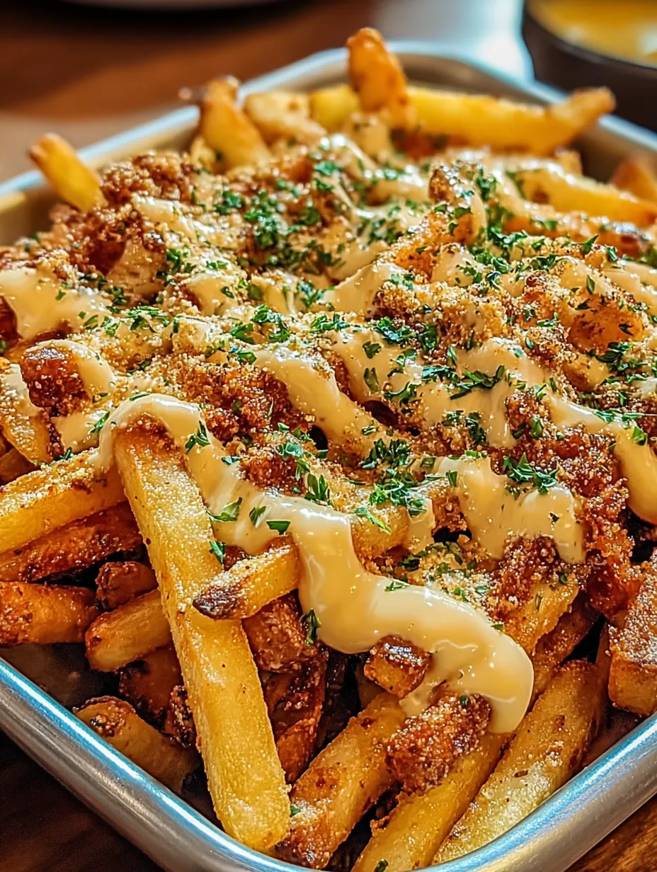 A plate of french fries with cheese and herbs.