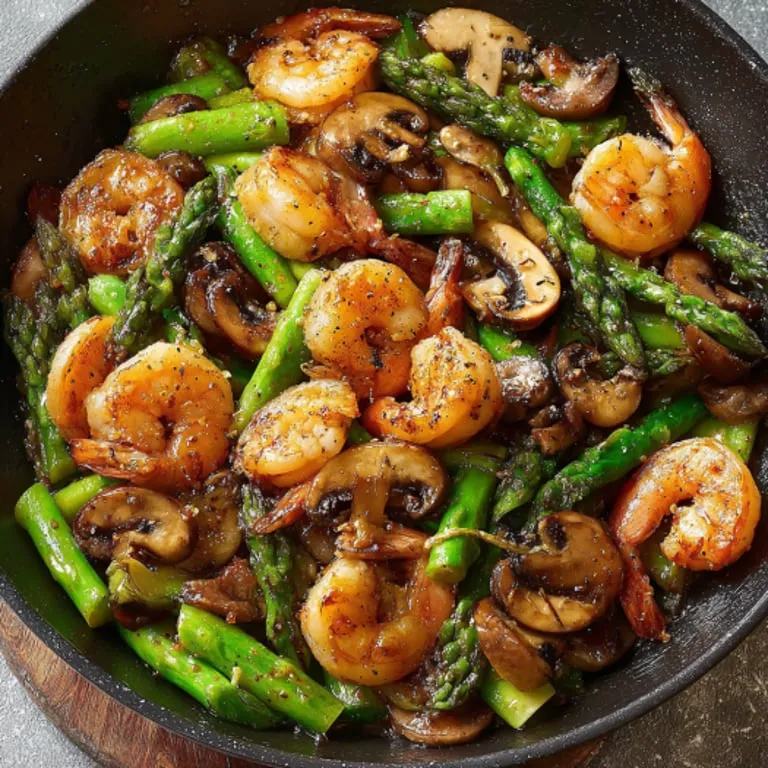 A pan of shrimp and mushrooms.