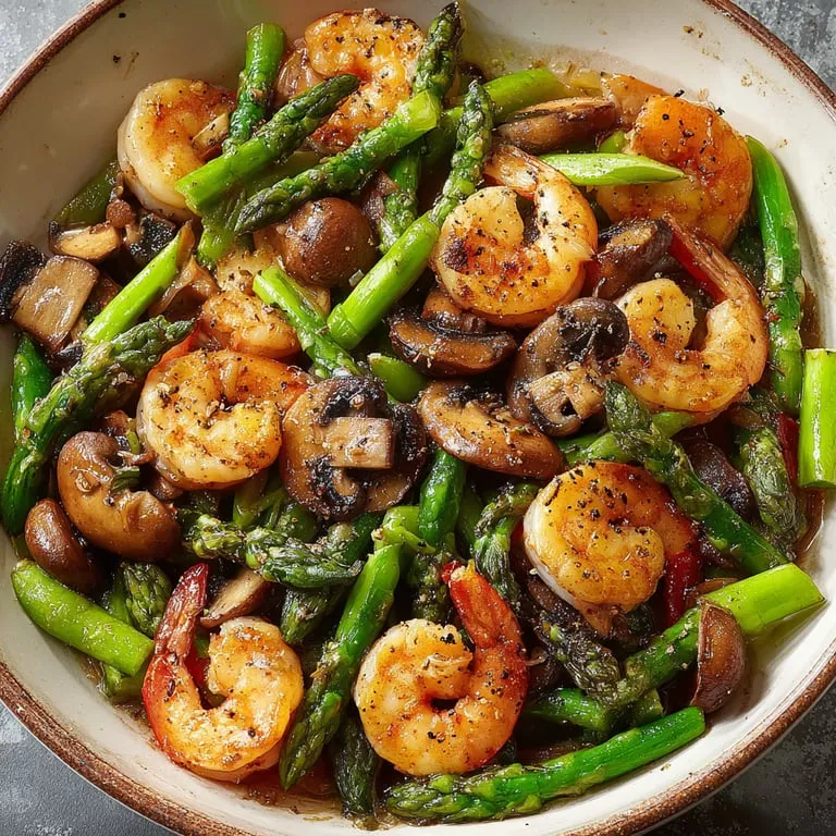 A bowl of shrimp and asparagus.