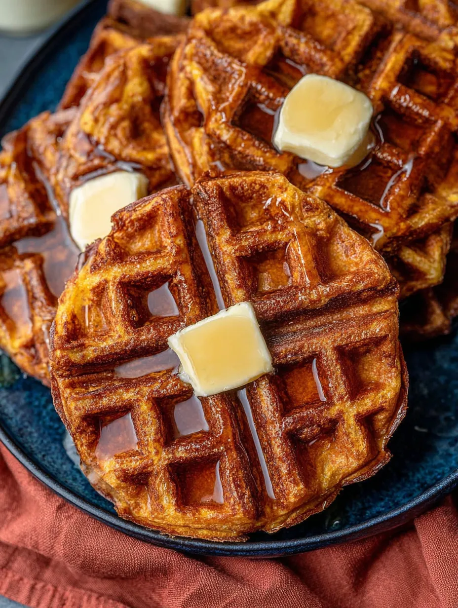 Two waffles with butter on top.