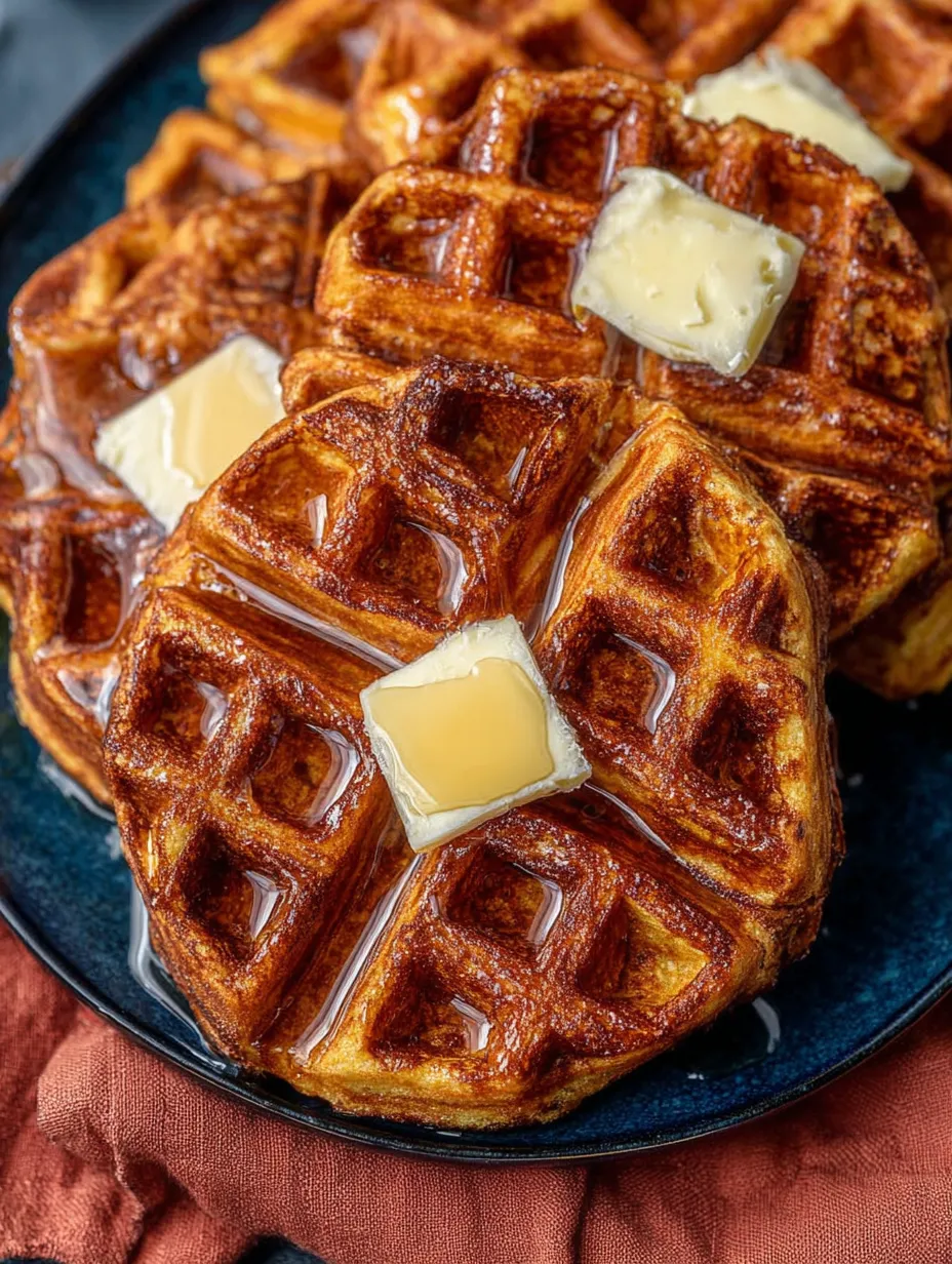 A plate of waffles with butter on top.