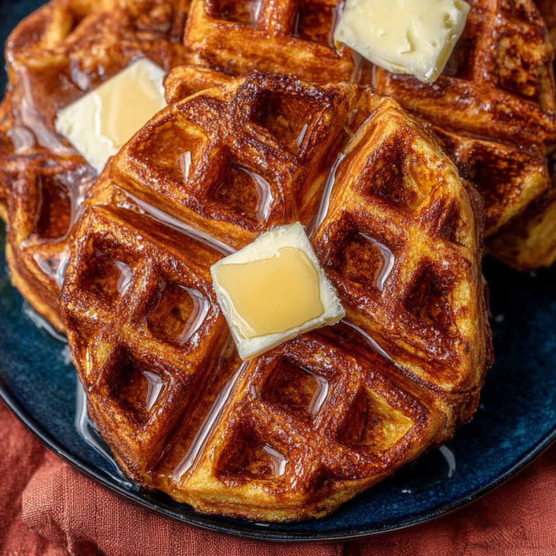 Two waffles with butter on top.