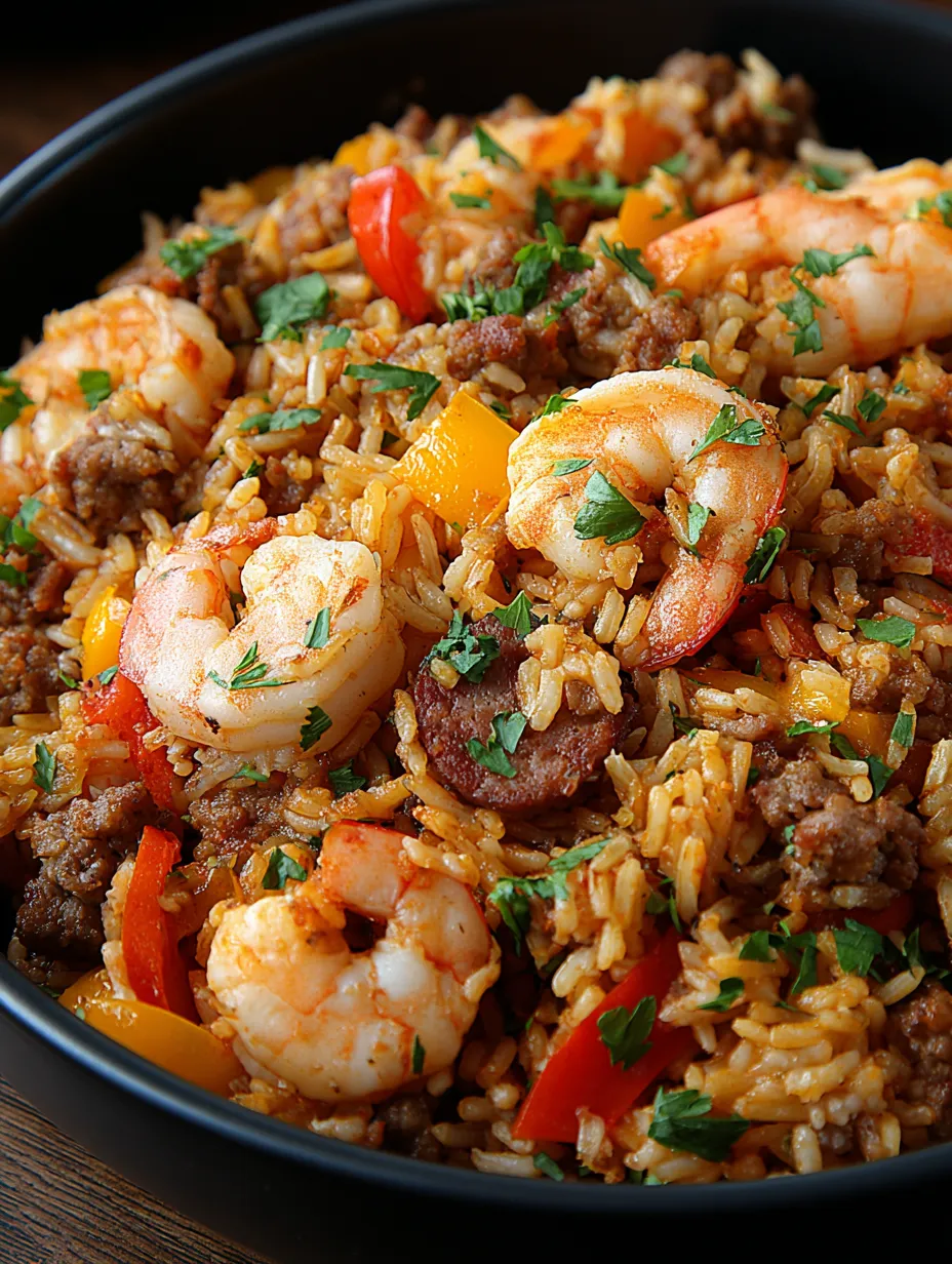 A bowl of rice with shrimp and peppers.