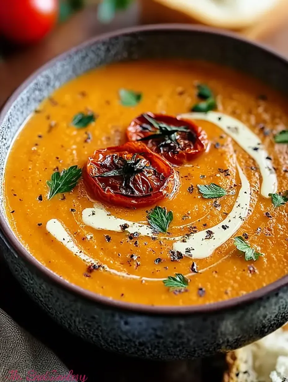 A bowl of soup with tomatoes and herbs.