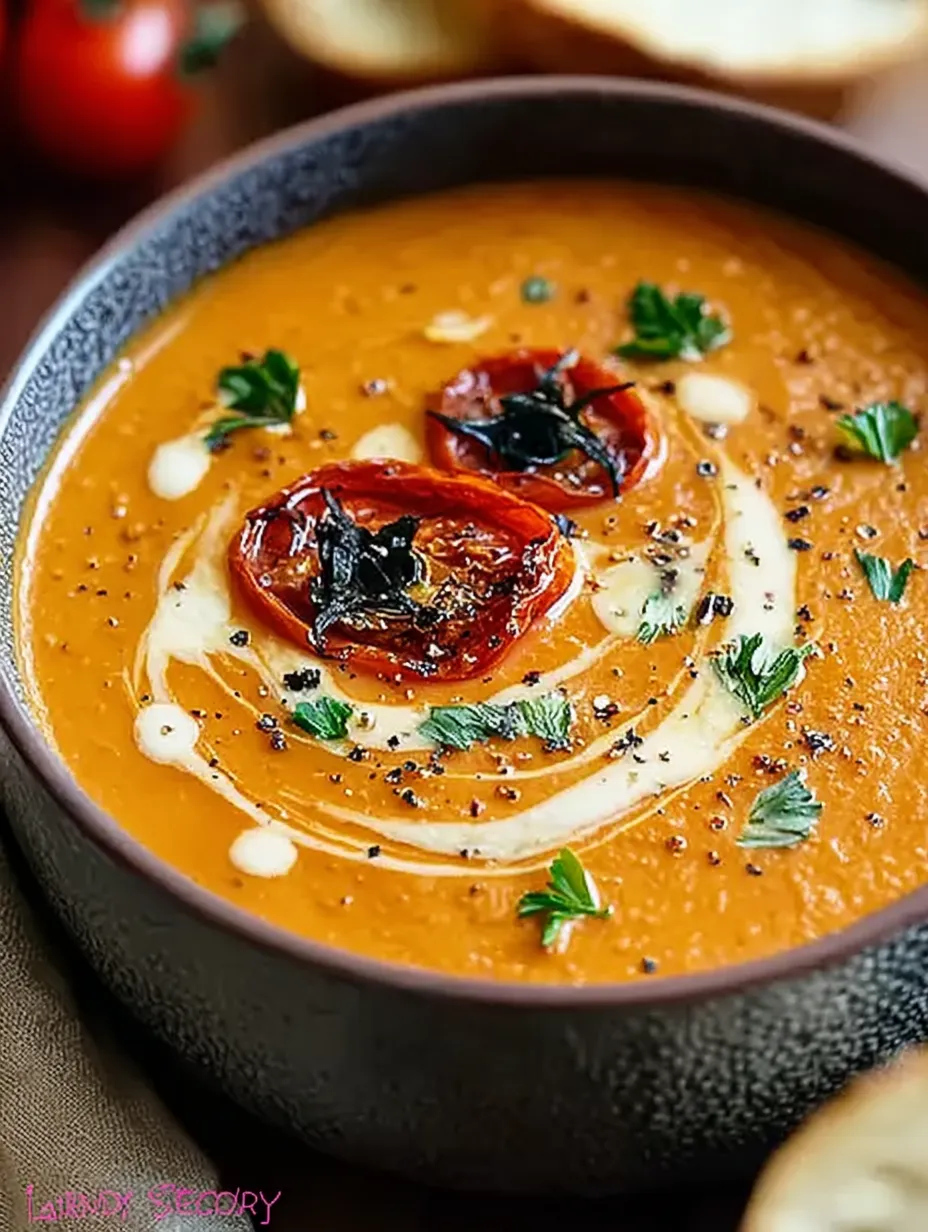 A bowl of soup with tomatoes and herbs.
