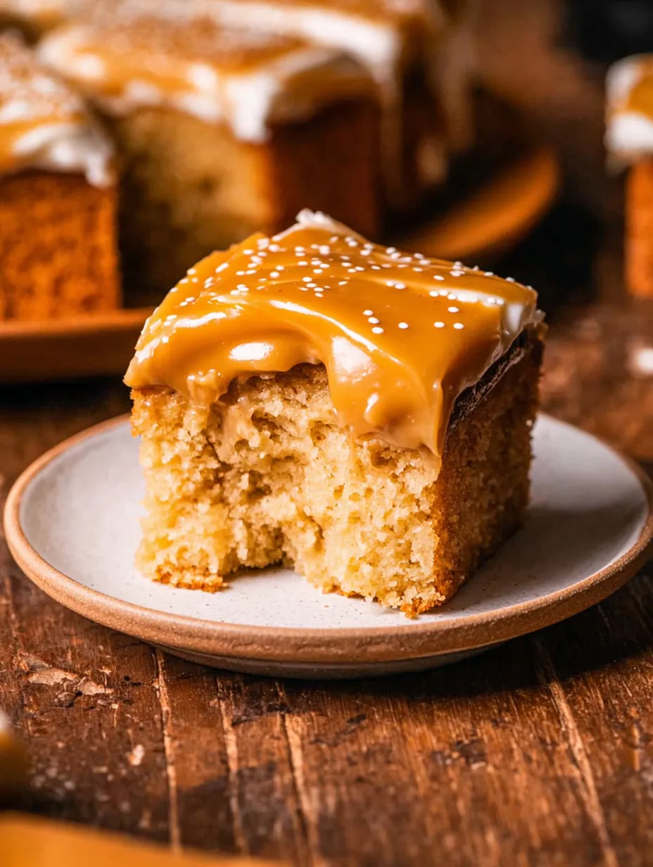 A slice of cake with caramel sauce on top.