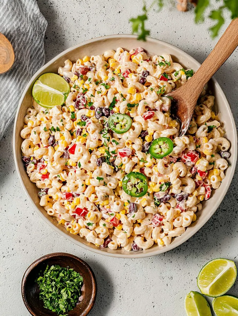A bowl of pasta with corn and jalapenos.