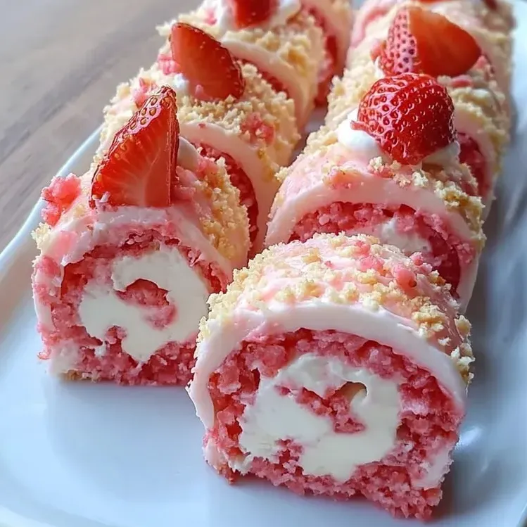 A plate of cake with strawberries on top.