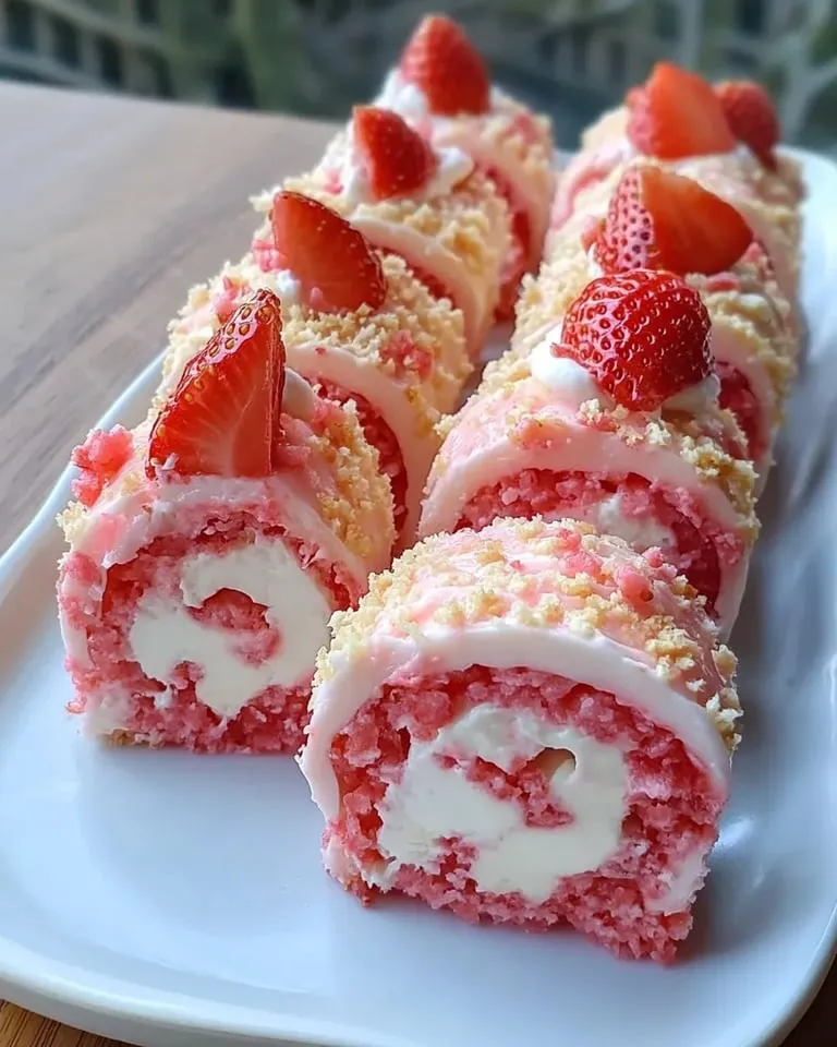 A plate of cake with strawberries on top.