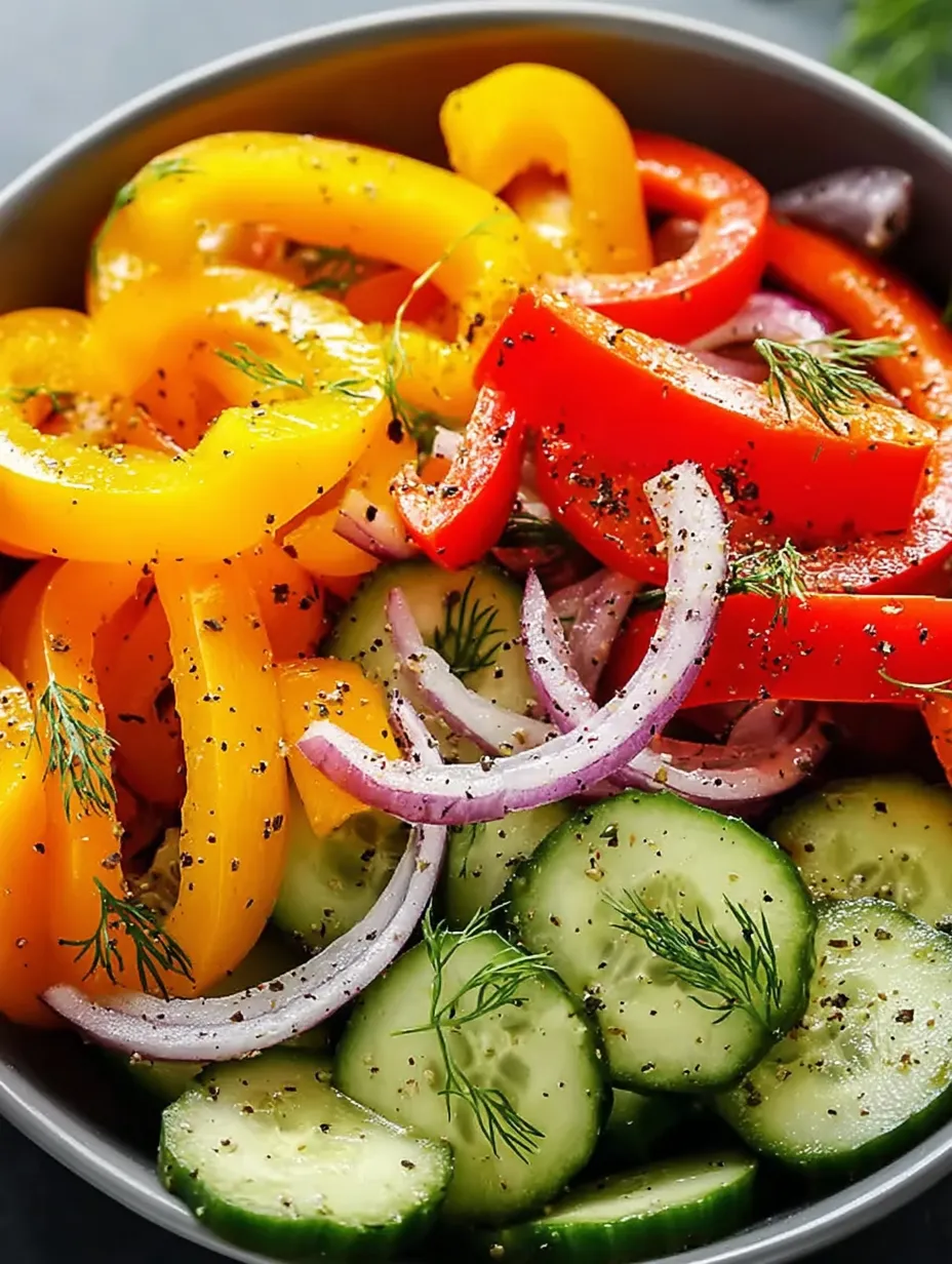A bowl of vegetables including cucumbers, peppers, onions, and tomatoes.