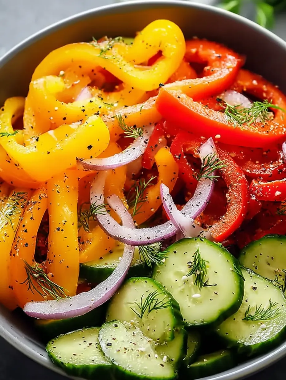 A bowl of vegetables including cucumbers, peppers, and onions.