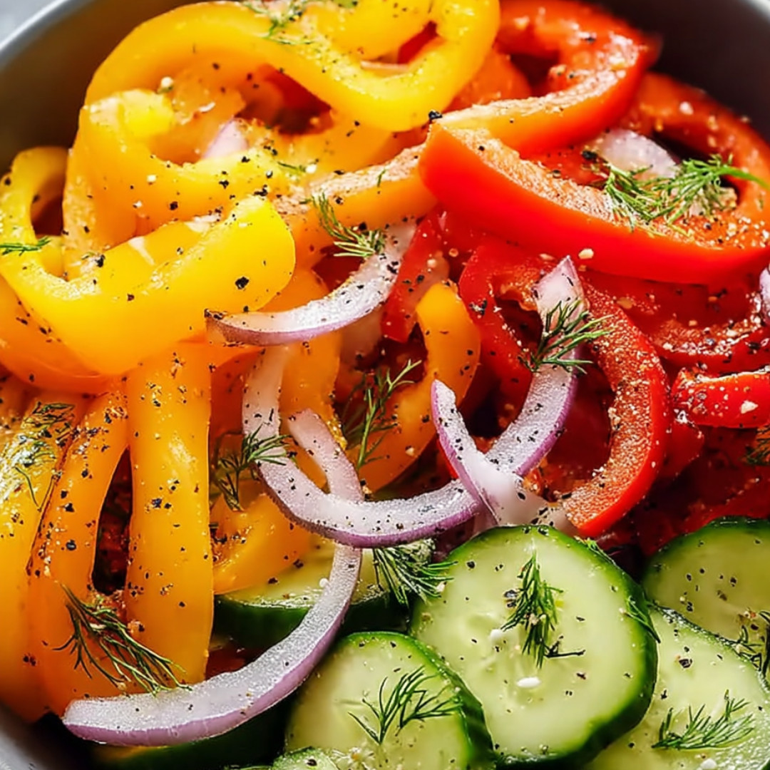 A bowl of vegetables including peppers, onions, and cucumbers.