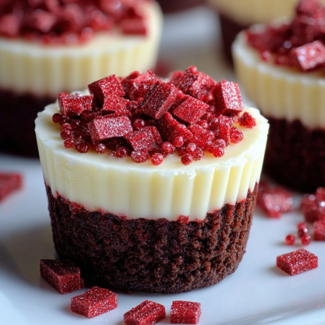 A cupcake with red jello and chocolate frosting.