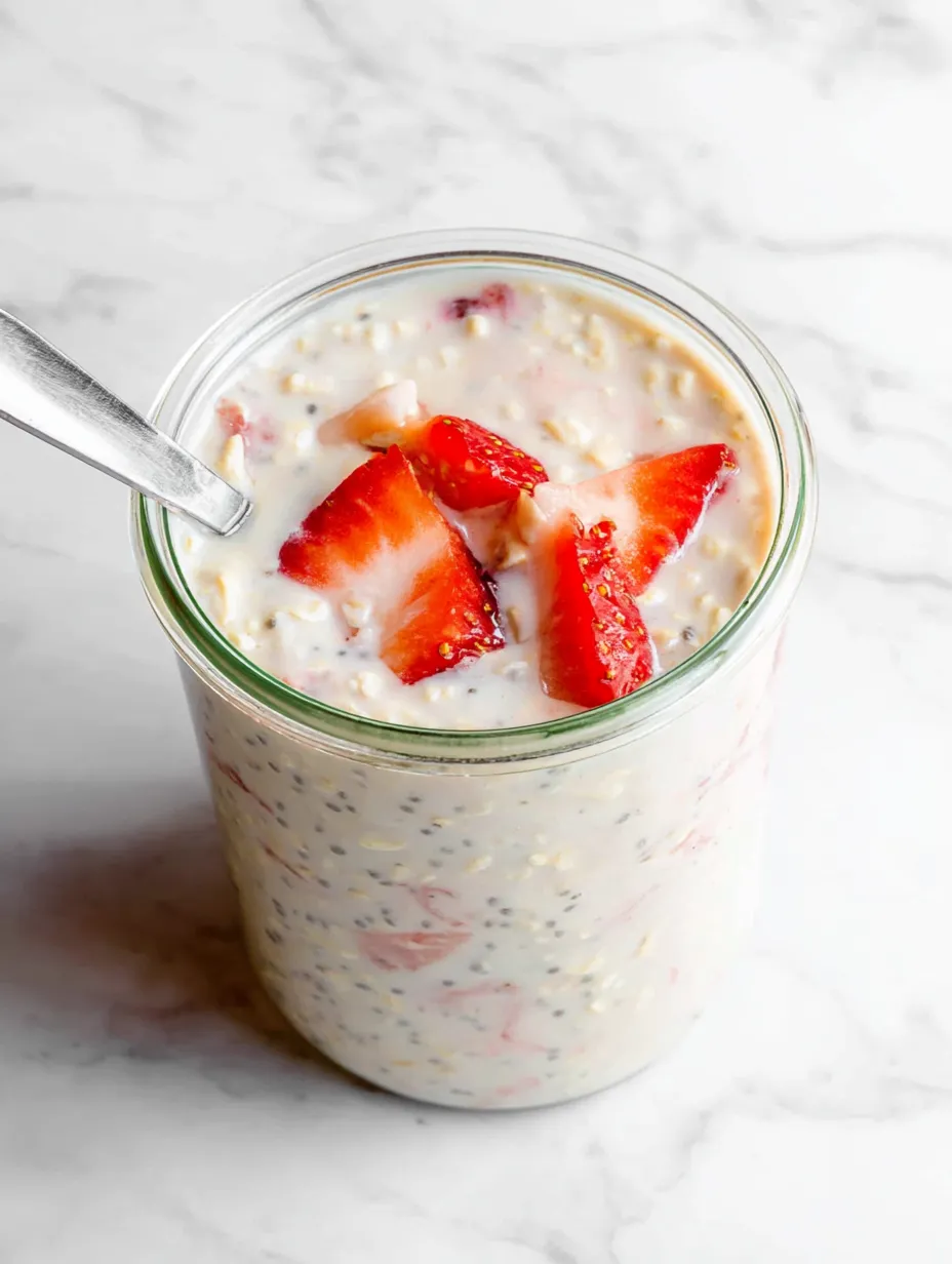 A glass of yogurt with strawberries.