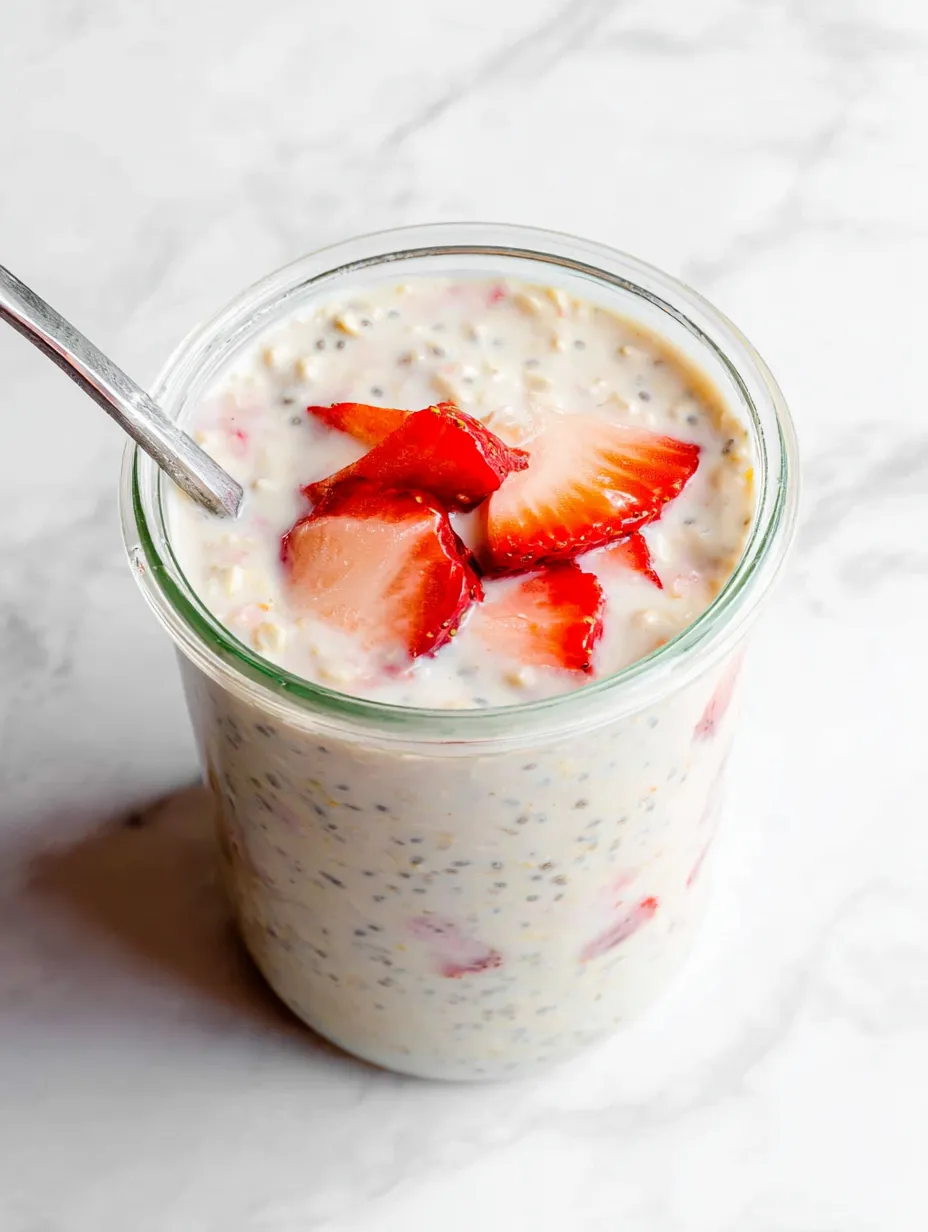 A glass of yogurt with strawberries on top.