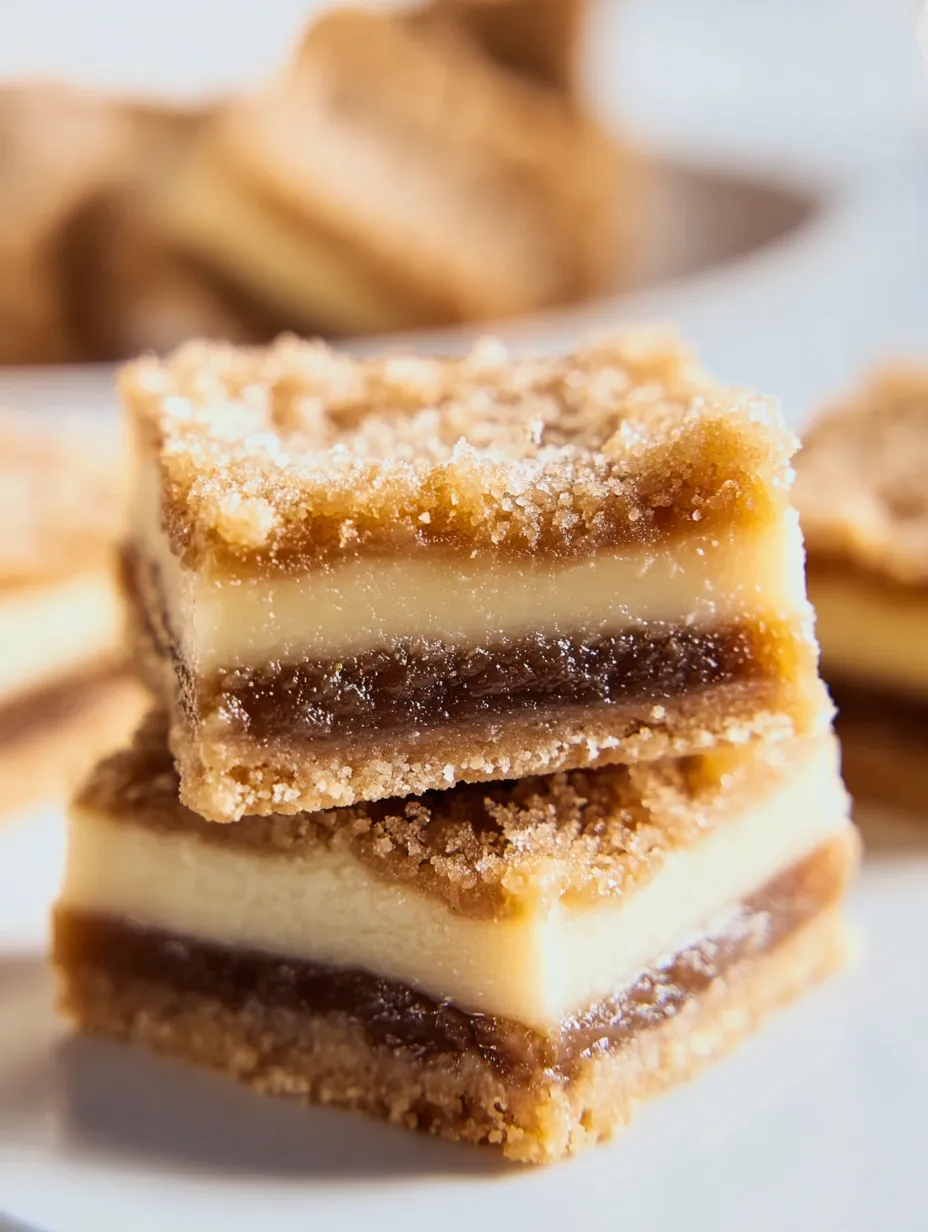 A stack of brownies with sugar on top.