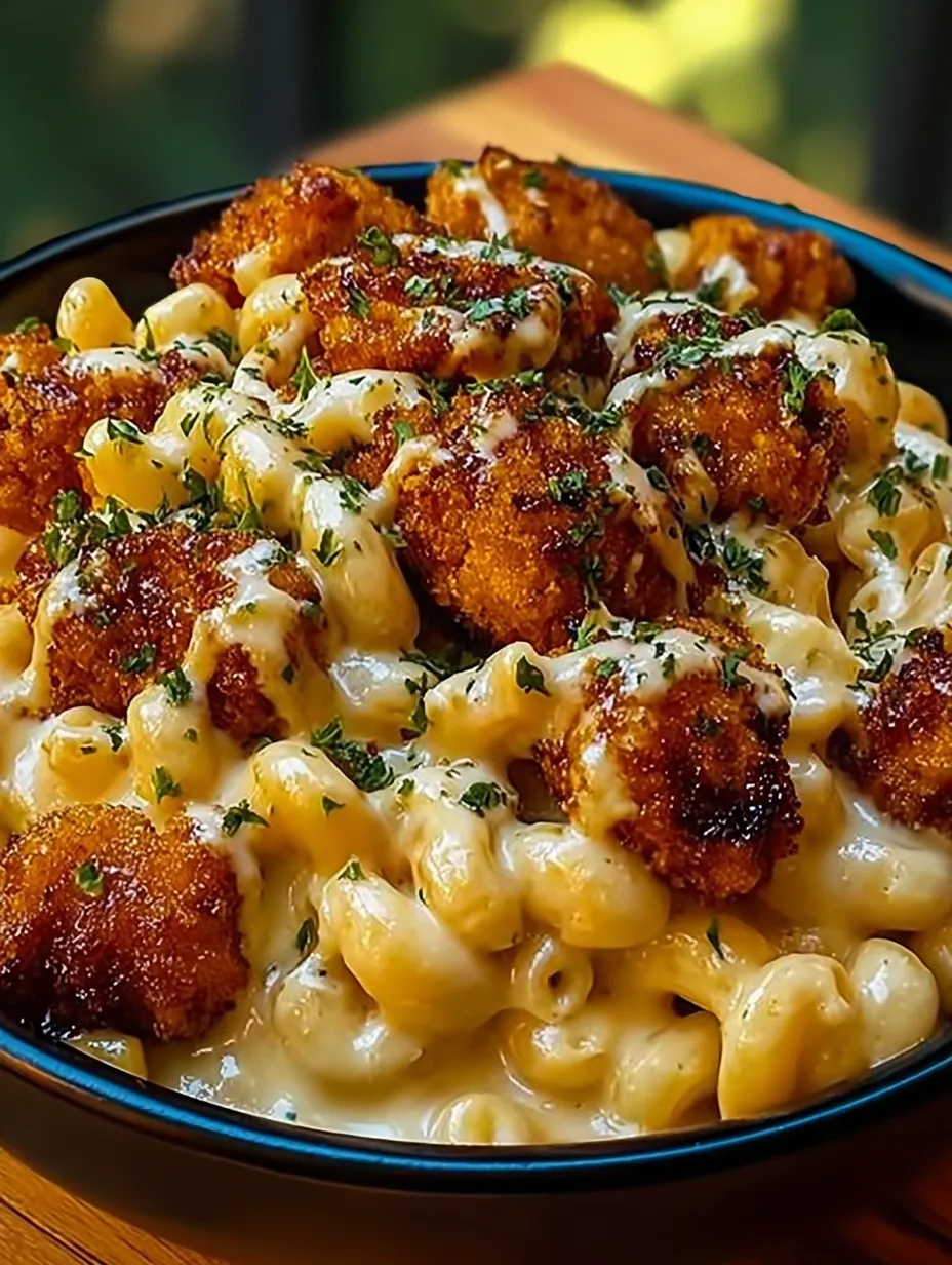 A bowl of macaroni and cheese with chicken.