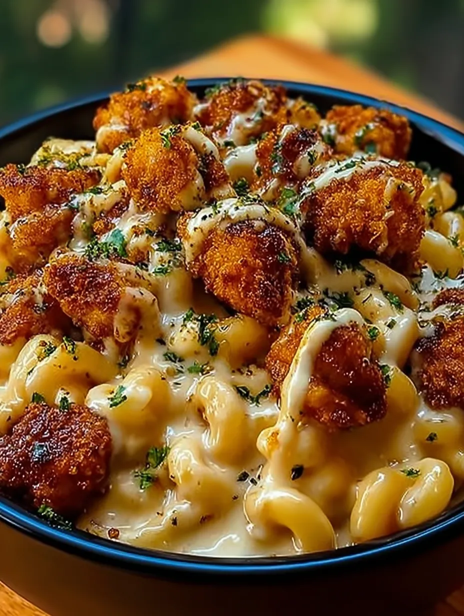 A bowl of macaroni and cheese with chicken.