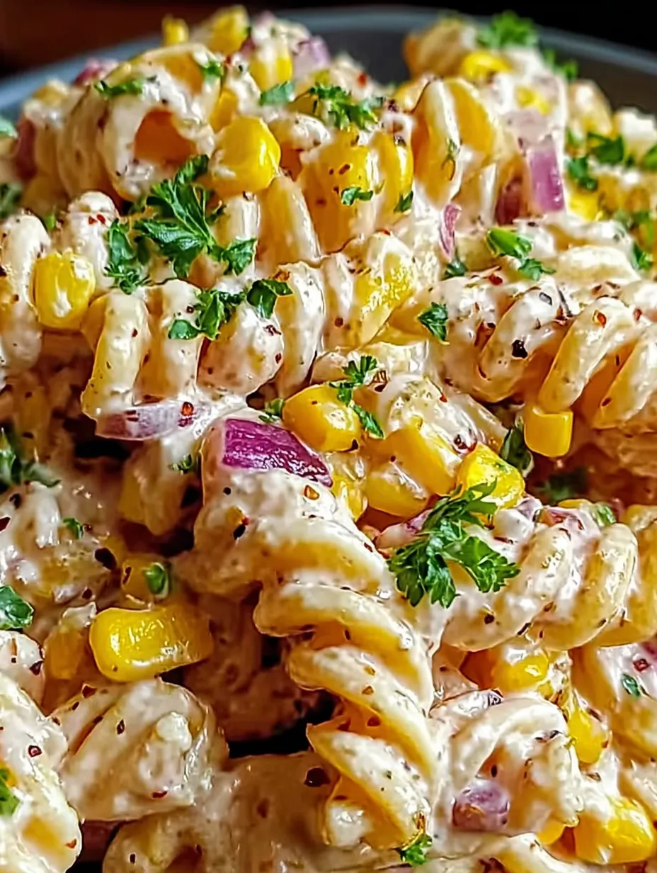 A bowl of pasta with corn and onions.