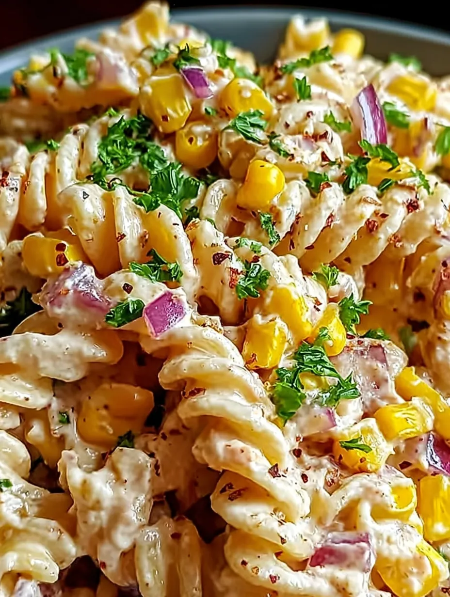 A bowl of pasta with corn and onions.
