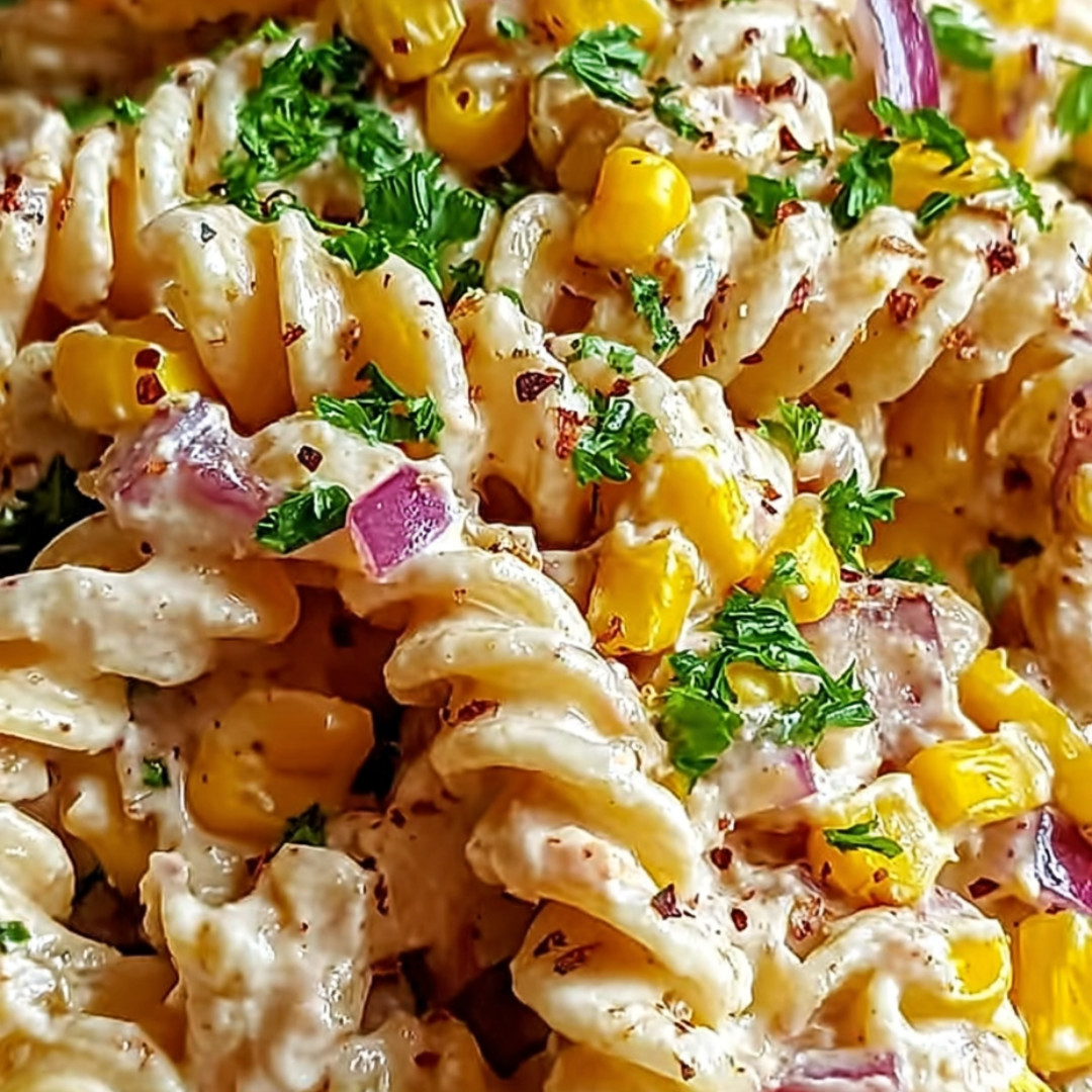 A bowl of pasta with corn and onions.