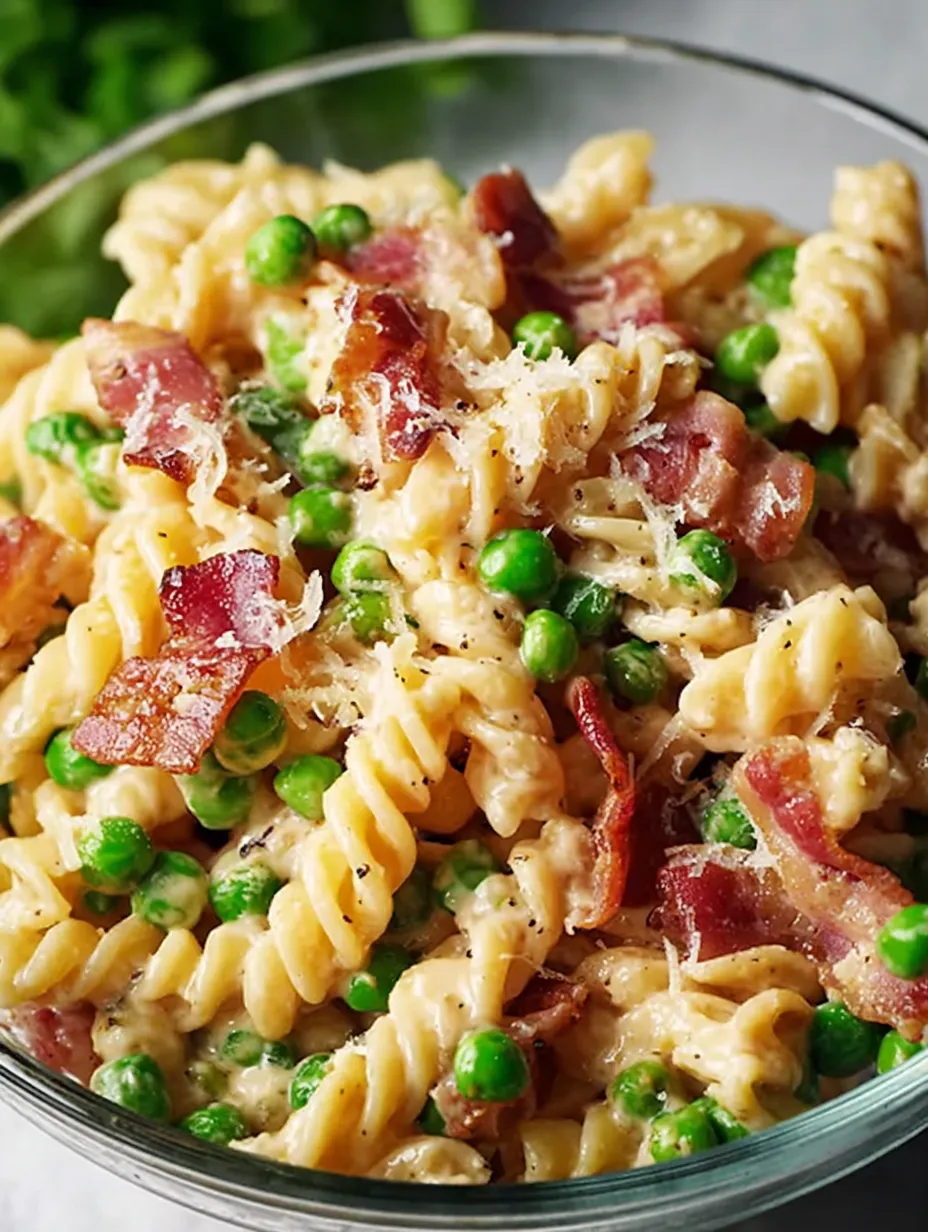 A bowl of pasta with peas and bacon.