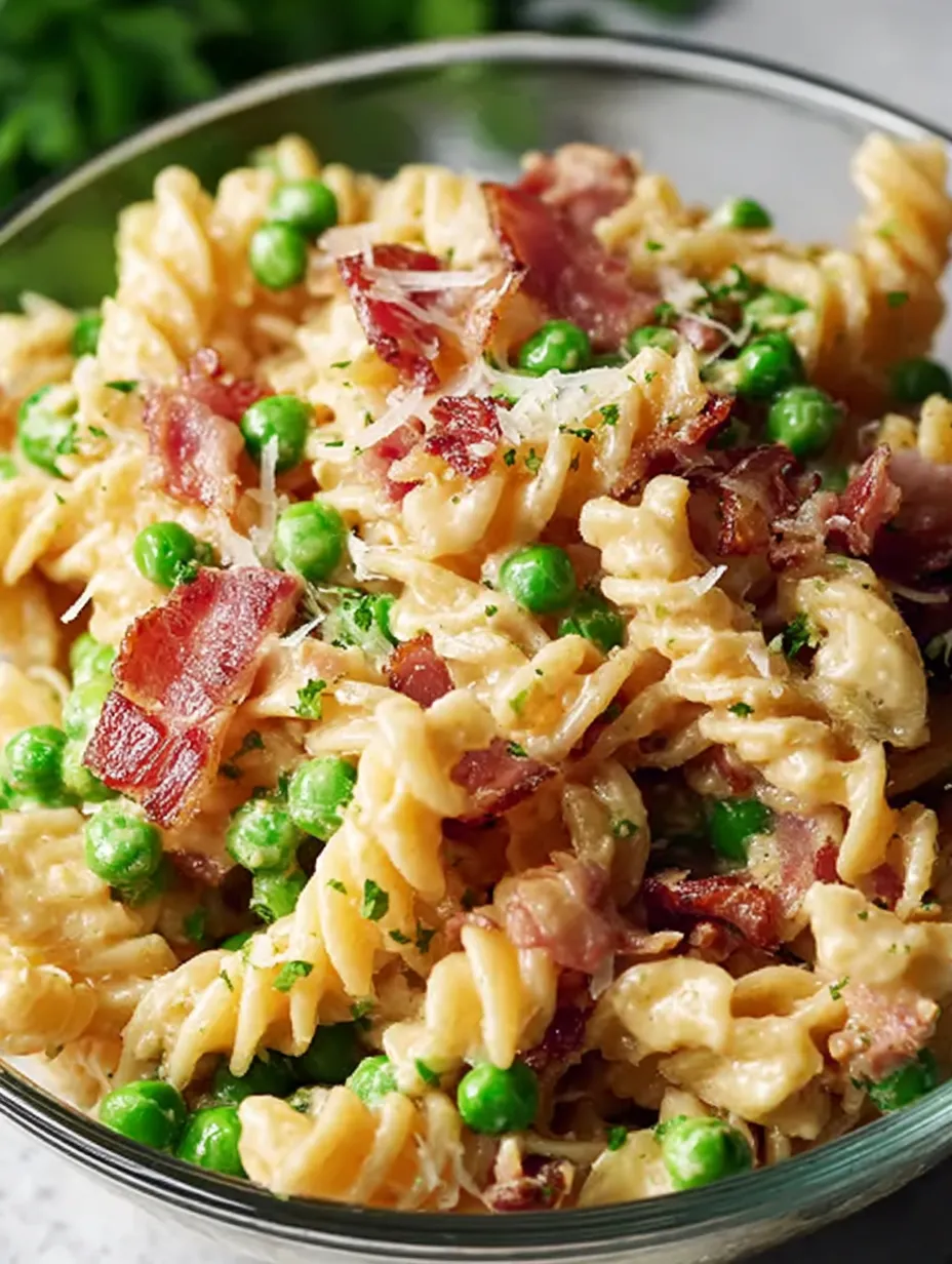 A bowl of pasta with peas and bacon.