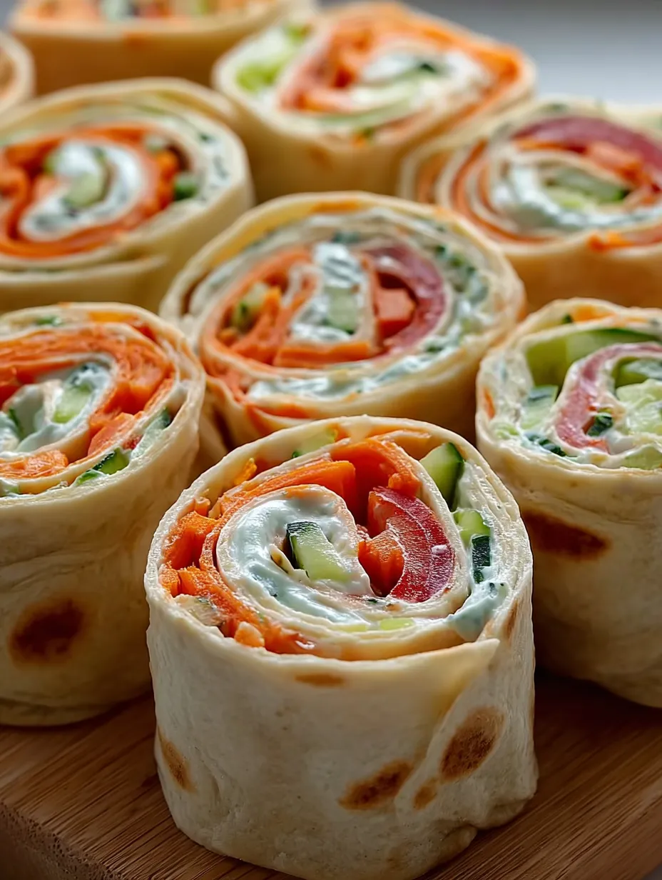 A variety of vegetable wraps on a table.