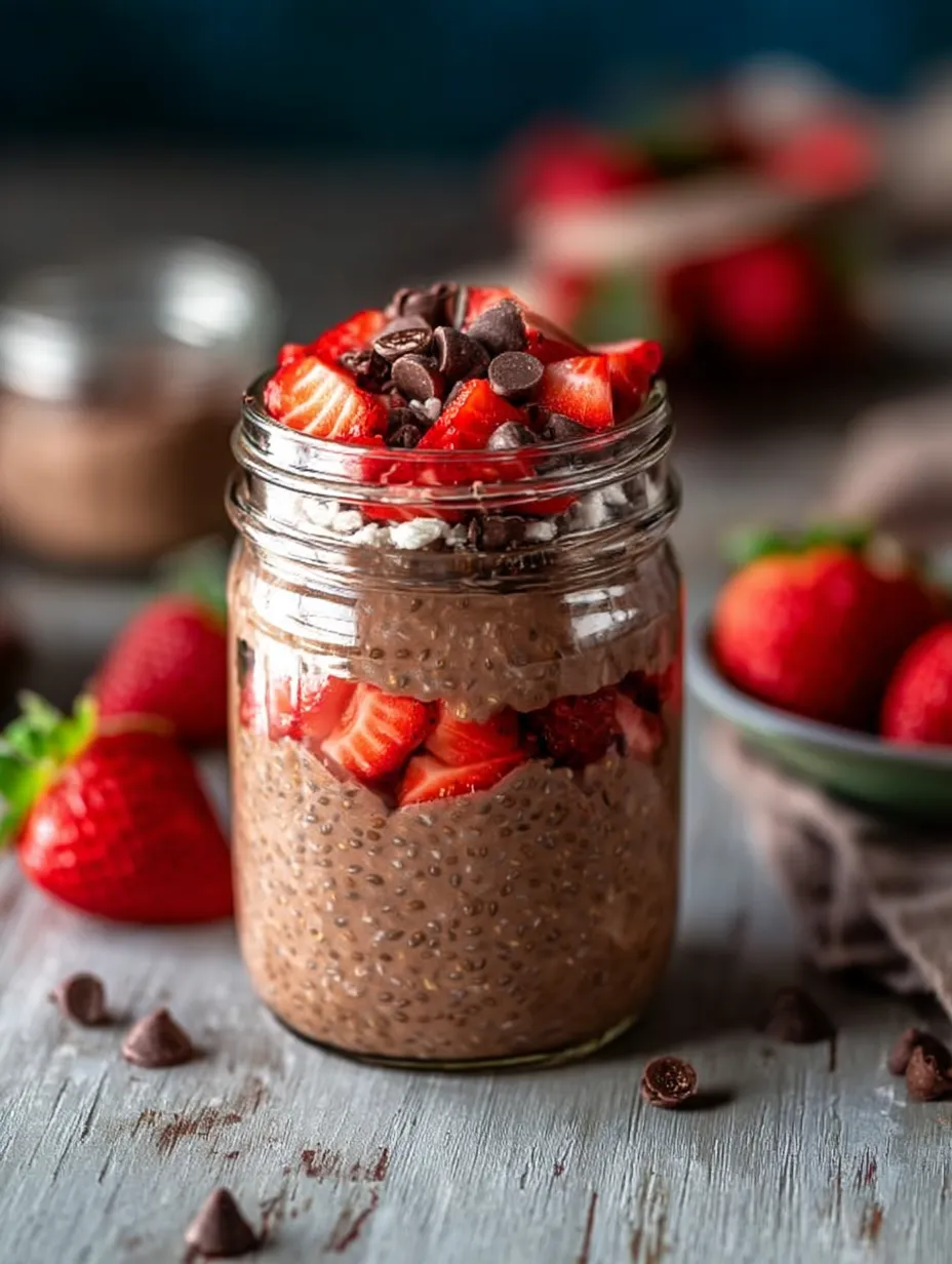A jar of strawberries and chocolate.