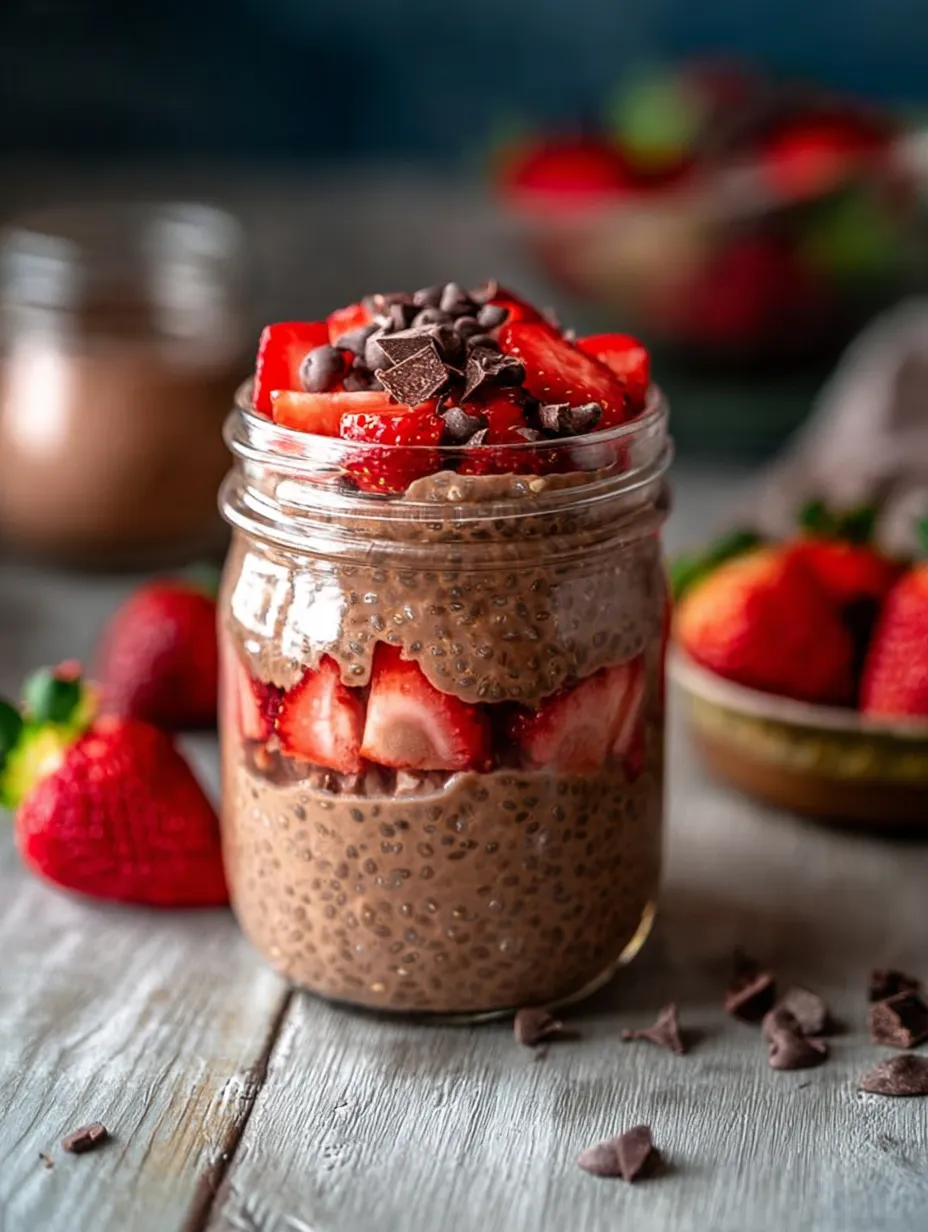 A jar of chocolate and strawberries.