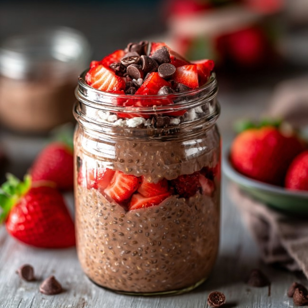 A jar of strawberries and chocolate.