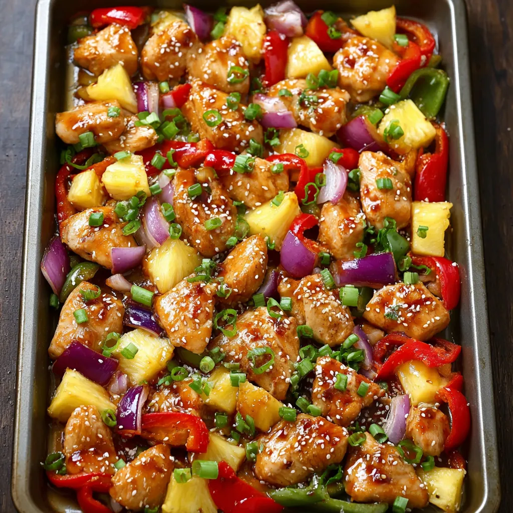 A pan of chicken with pineapple and peppers.
