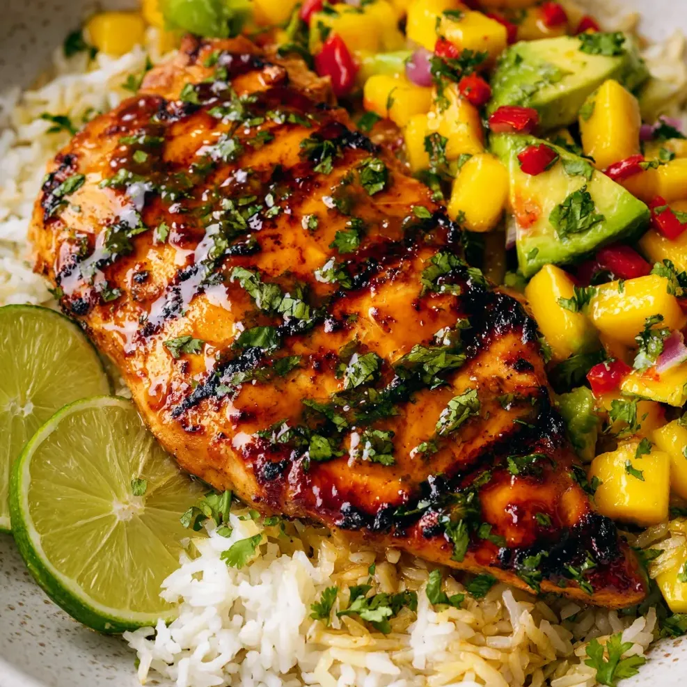 A plate of food with rice, chicken, and vegetables.