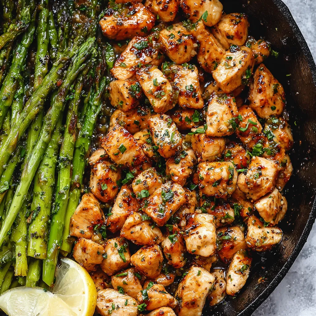 A pan of chicken with a lemon wedge on top.