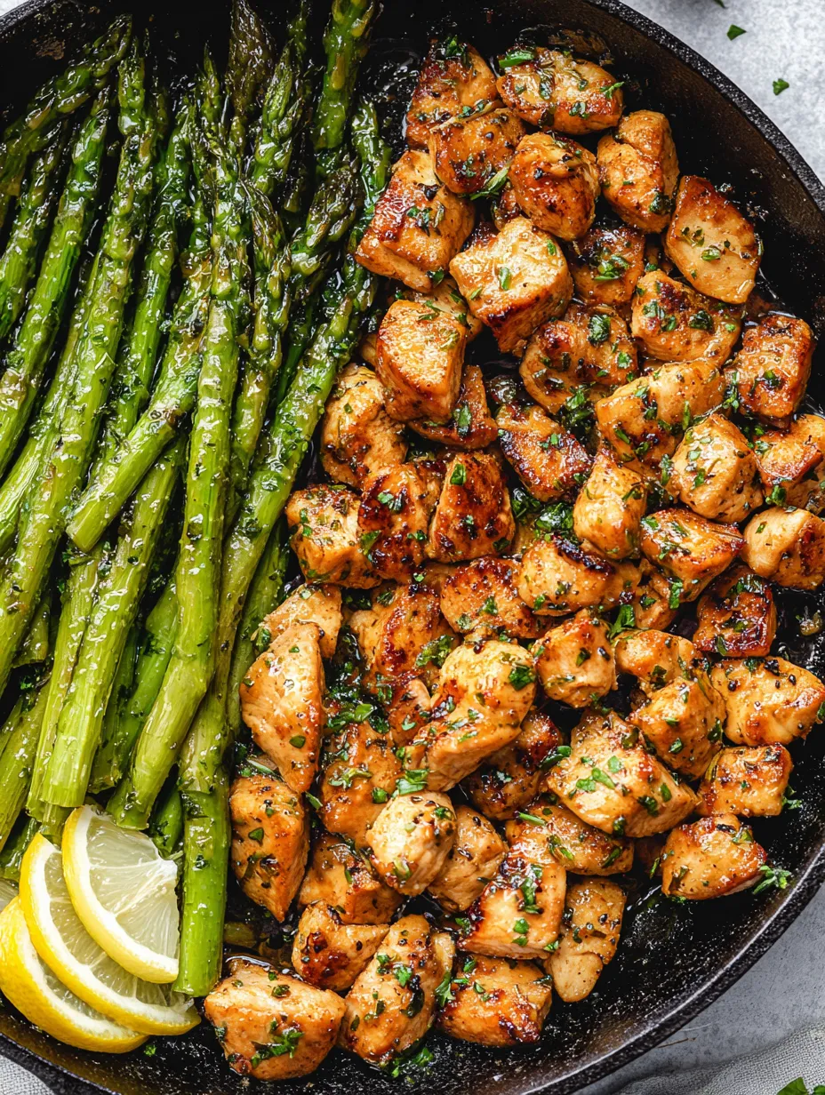 A pan of chicken and asparagus.