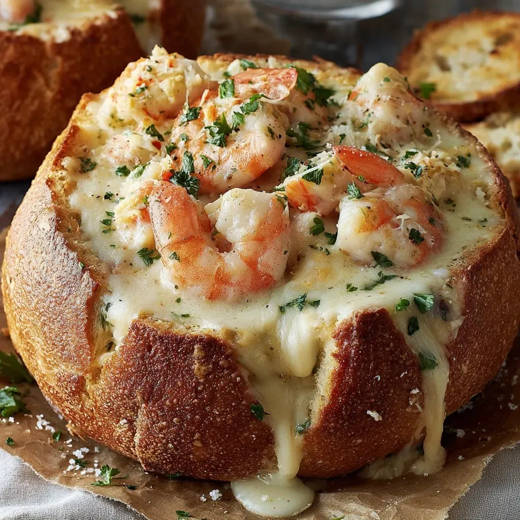 A baked bread with shrimp and cheese.