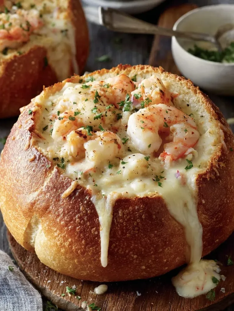 A bowl of shrimp and cheese.