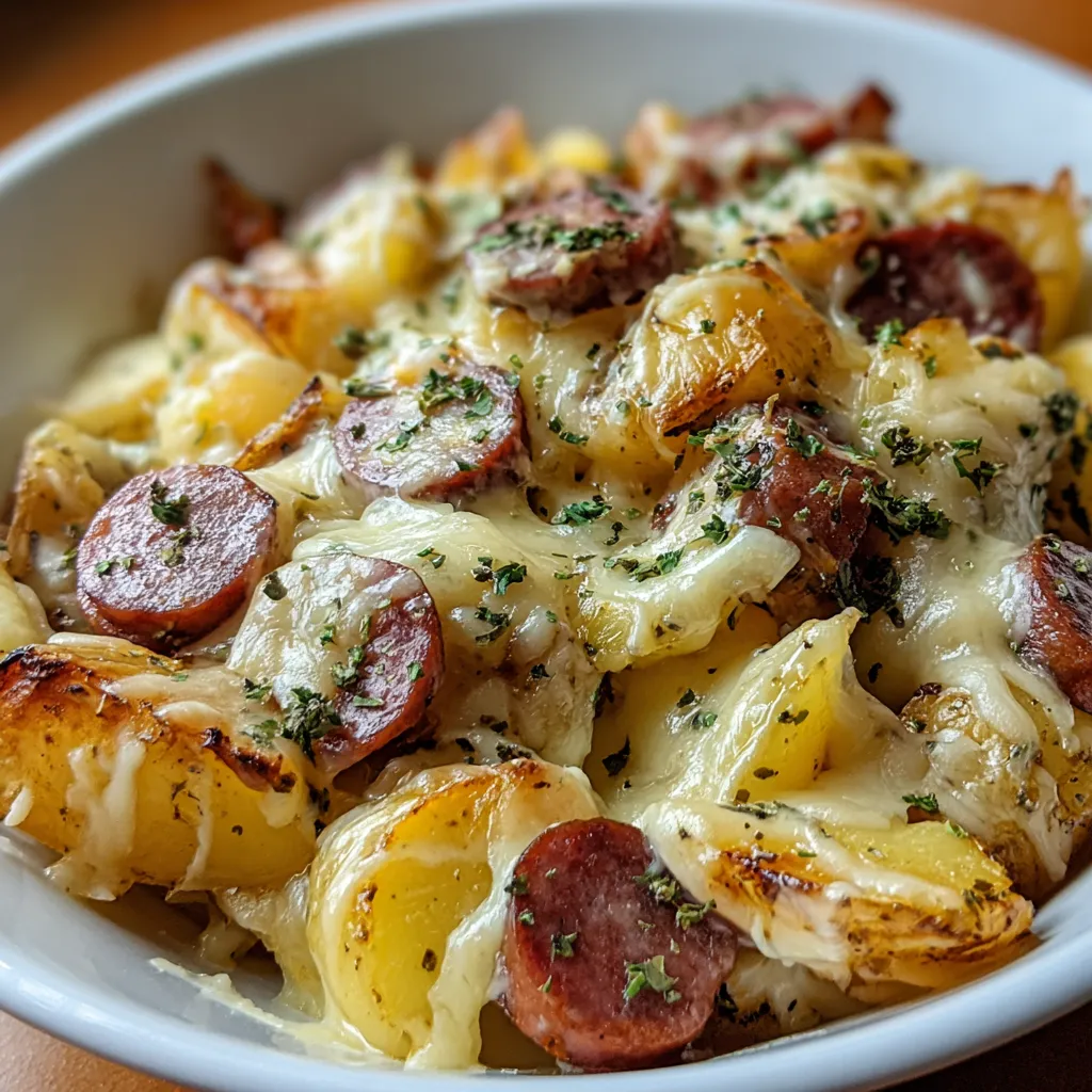 A bowl of food with sausage and potatoes.