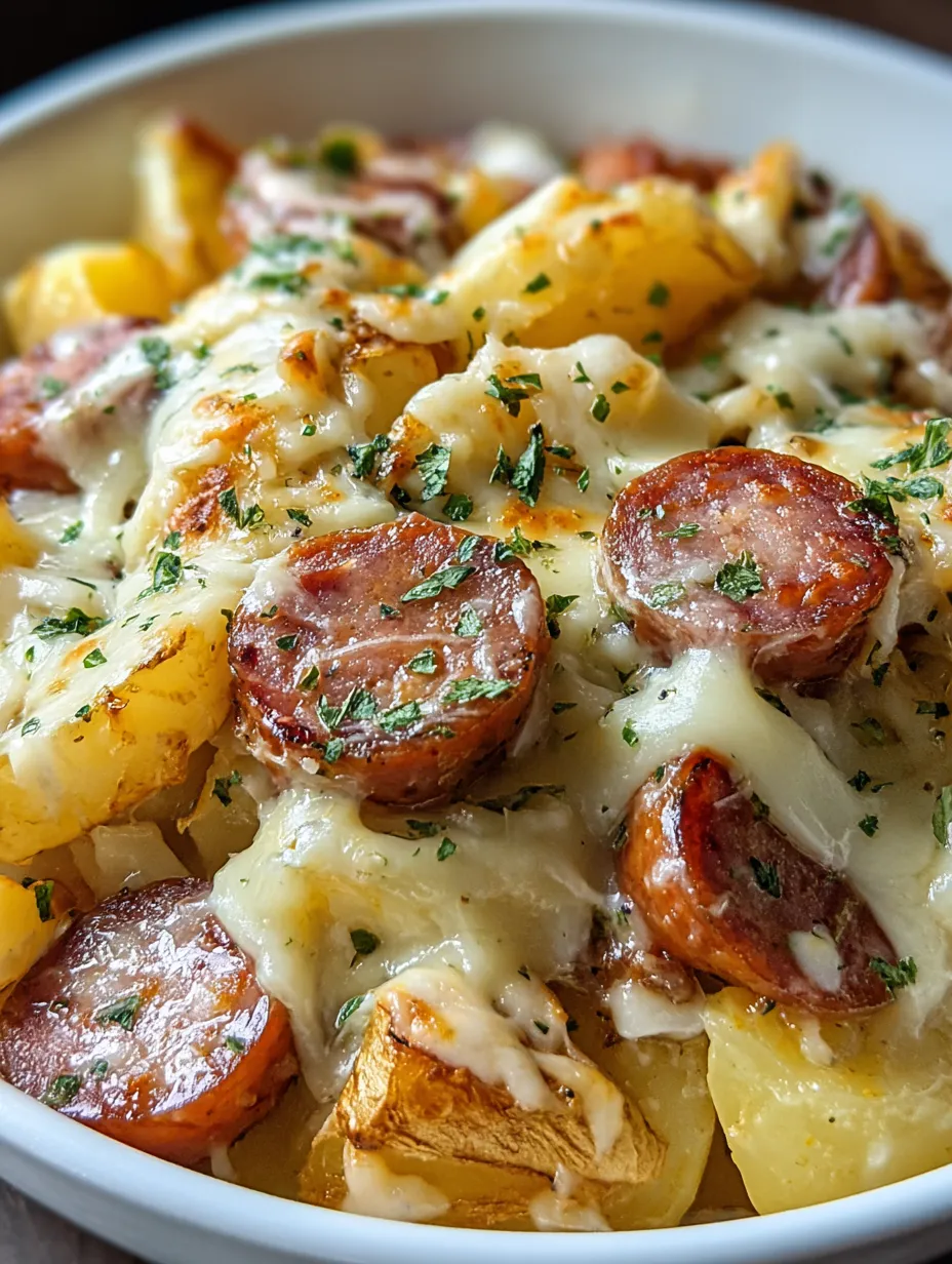 A plate of food with sausage and potatoes.
