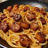 A bowl of noodles with sausage and peppers.