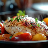 A delicious meal of grilled chicken with tomatoes and herbs.