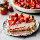 A slice of strawberry cheesecake is displayed on a foil plate.