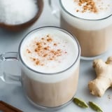 Two glasses of coffee with cinnamon on top, placed on a table.