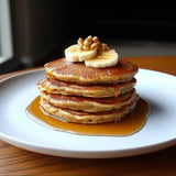 A stack of pancakes with bananas on top.